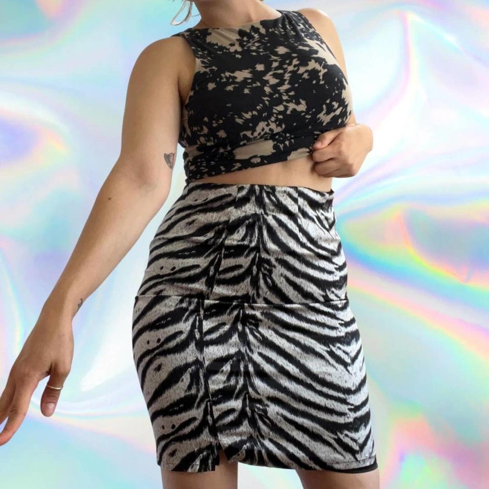 Silver & black silk zebra print pencil skirt